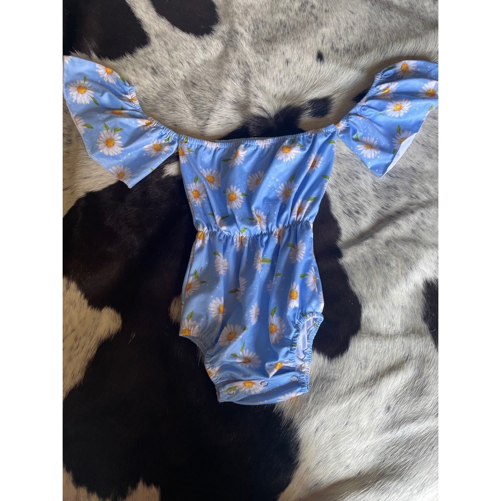New Baby Girl Romper Size‎ 4T Blue Floral Daisy Off Shoulder Summer Outfit